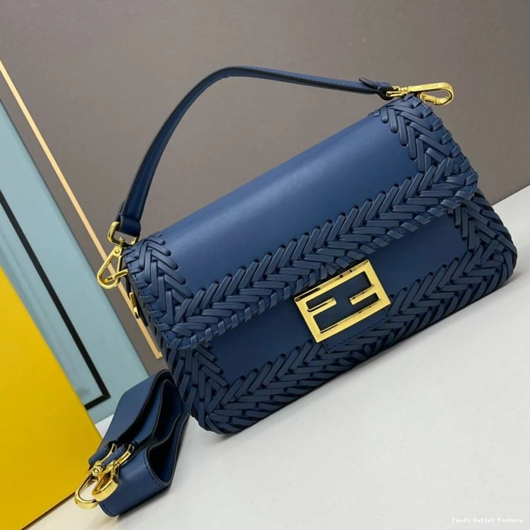 HOT In Stitching Fendi Baguette Medium Blue Leather Bag 0711